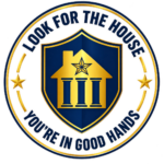 HOI Insurance “Look for the House” badge with navy and gold house shield
